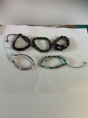 Set of 5 Boho Adjustable Bracelets - Brown Leather & Colorful Woven